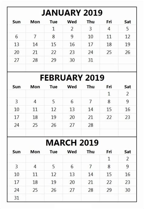 calendar january february 2019